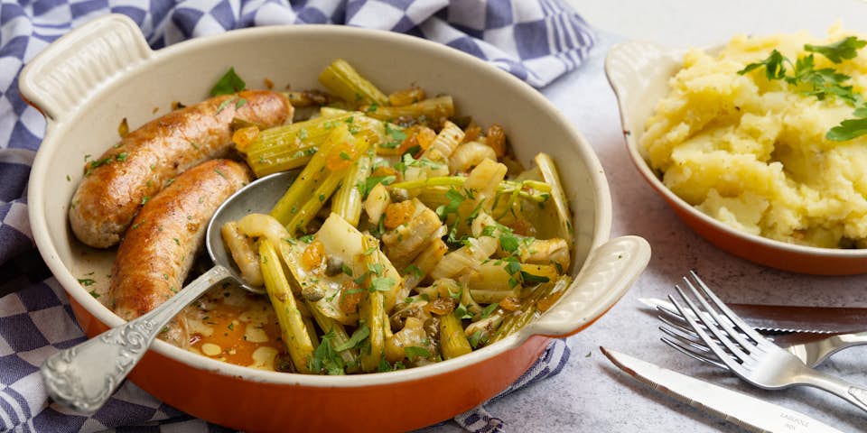 Rundersaucijs met puree en ovengroenten | Maaltijdbox recepten