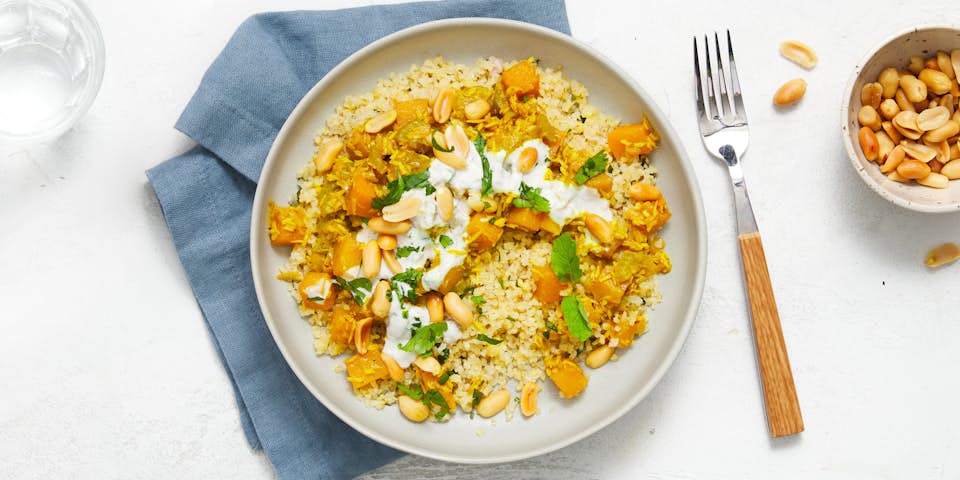 Kokoskoolraapcurry met bulgur en muntyoghurt | Maaltijdbox recepten