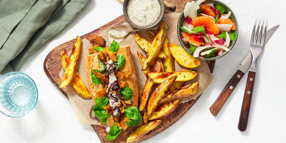 Broodje met seitan kebab, aardappeltjes en bloedsinaasappel salade | Maaltijdbox recepten