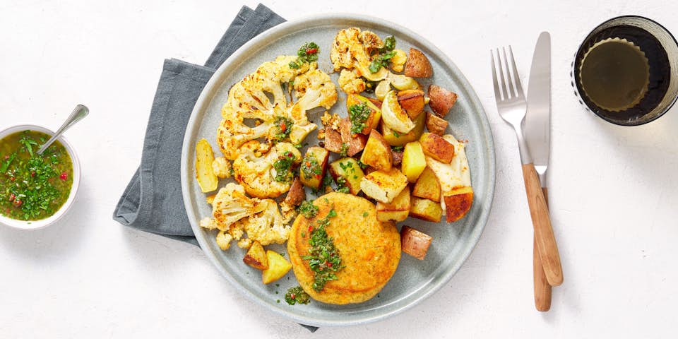 Zalm-dilleburger met geroosterde bloemkool, tomaatjes en Beemster Valery aardappeltjes en chimichurri | Maaltijdbox recepten