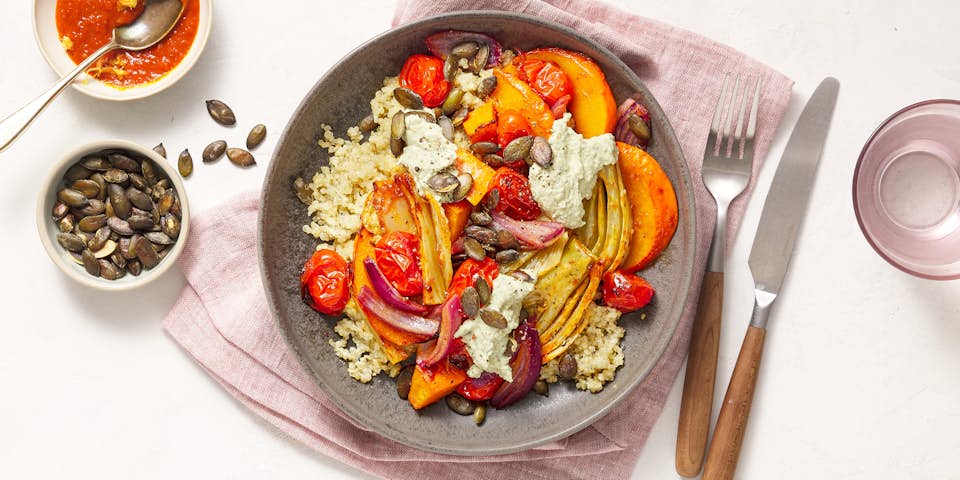 2024 44 VEGA VEGAN harissa venkel cherrytomaatjes quinoa feta of simply creme pompompoenpit pompoen