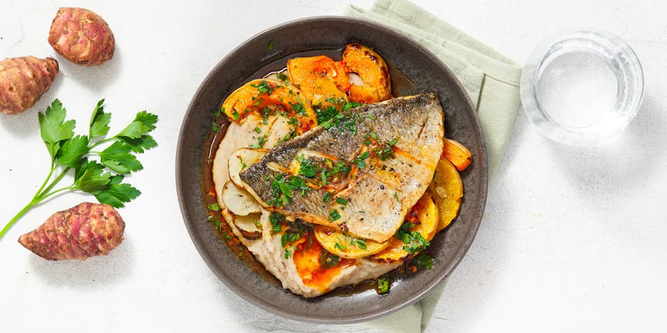 Dorade met flespompoen, aardpeer-bonenpuree en harissadressing | Maaltijdbox recepten