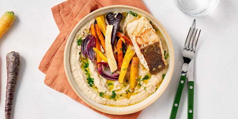 Skrei met boterbonen-venkelpuree, regenboogpeen en peterselie-olie | Maaltijdbox recepten