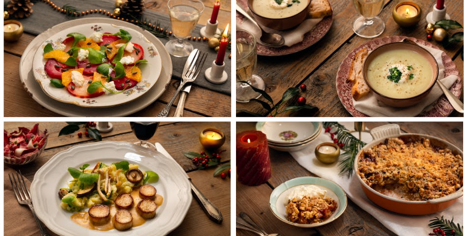 Kerstkrat Vega De kerstkrat bevat alle ingrediënten voor een feestelijk 4-gangenmenu + brood met boter vooraf en een extraatje voor bij de koffie/thee na. Wij doen de boodschappen, natuurlijk lokaal en duurzaam, en bezorgen die op 23 december bij je thuis.