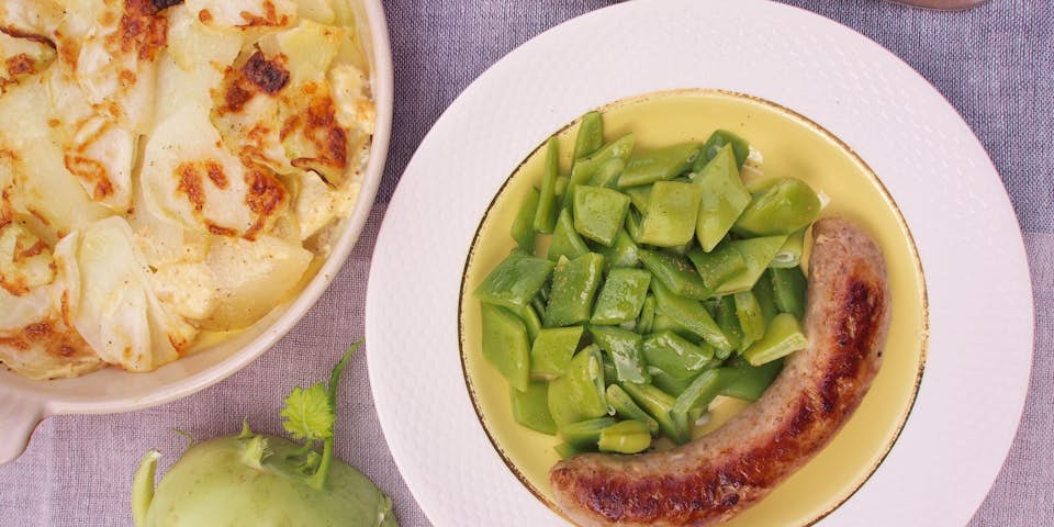 1435 Kalfsvenkelworst Met Koolrabi Gratin En Snijbonen