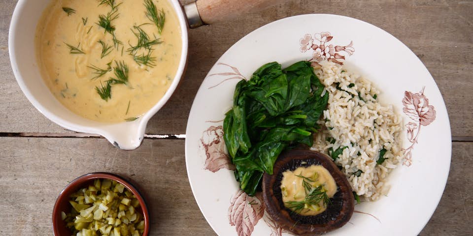 2935 Portobello In Romige Saus Met Spinazie En Rijst