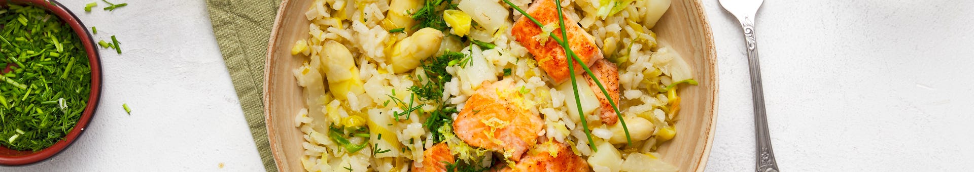 Wk 20 Lenterisotto met zalm soepasperges venkel prei frisse kruiden en citroen