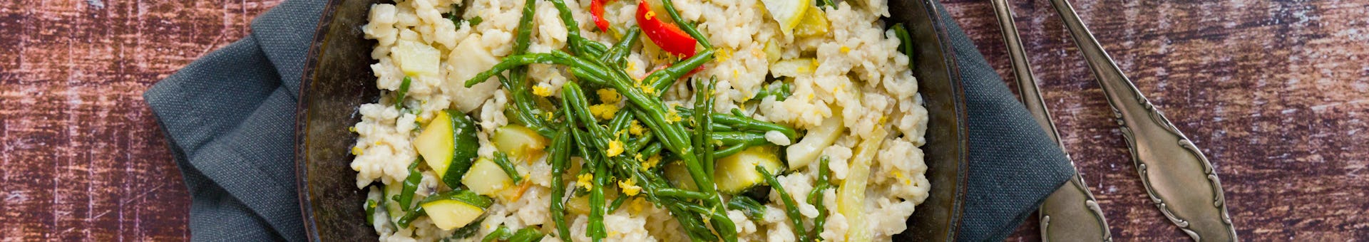 Wk 24 VGN Risotto met zeekraal venkel courgette ricotta en overjarige geitenkaas