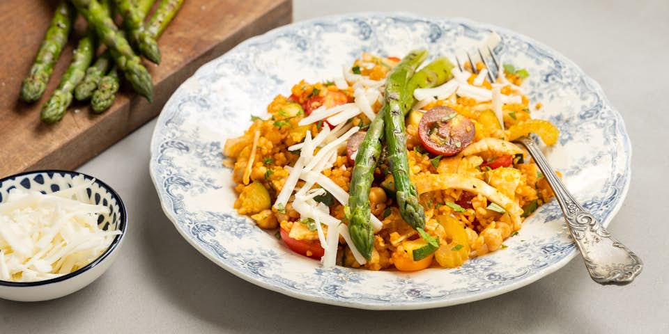 Maaltijdbox recept groene asperges met bulgur en geitenkaas