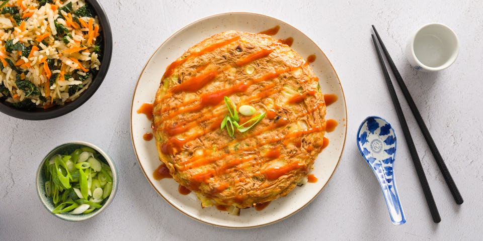 Wk 3 Okonomiyaki met peen palmkool rettich rijstsalade