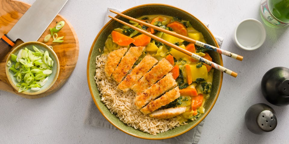 Wk 3 VGN Japanse curry met RIP chicken katsu aardappel peen en palmkool