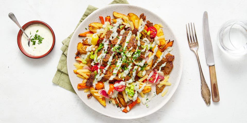 Vegetarische kapsalon met Seitan kebab van Bumi | Maaltijdbox recepten