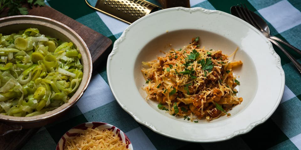 Wk 4 tagliatelle con lenticchie met gesmoorde prei