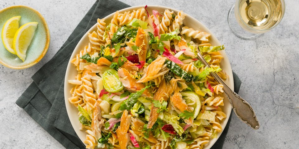 Wk 48 Romige makreelpasta met groene kool prei venkel en citroen